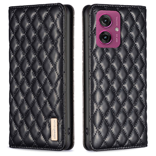 BINFEN COLOR BF Style-16 For Motorola Moto G55 5G Case Card Slots Rhombus Leather Cover - Black