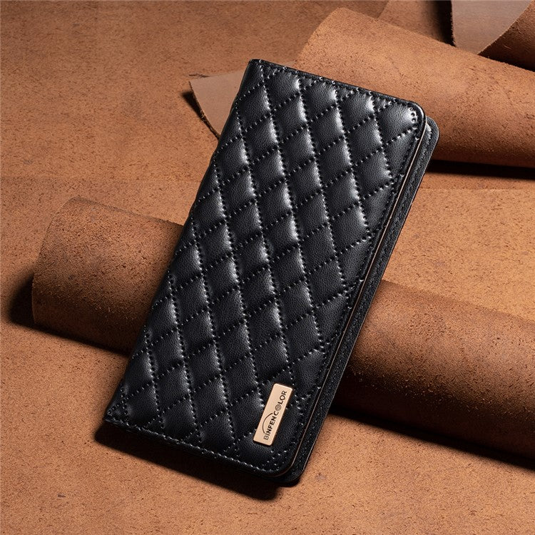 BINFEN COLOR BF Style-16 For Motorola Moto G55 5G Case Card Slots Rhombus Leather Cover - Black