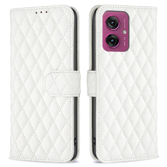 BINFEN COLOR BF Style-14 For Motorola Moto G55 5G Case Rhombus Phone Leather Cover Stand - White