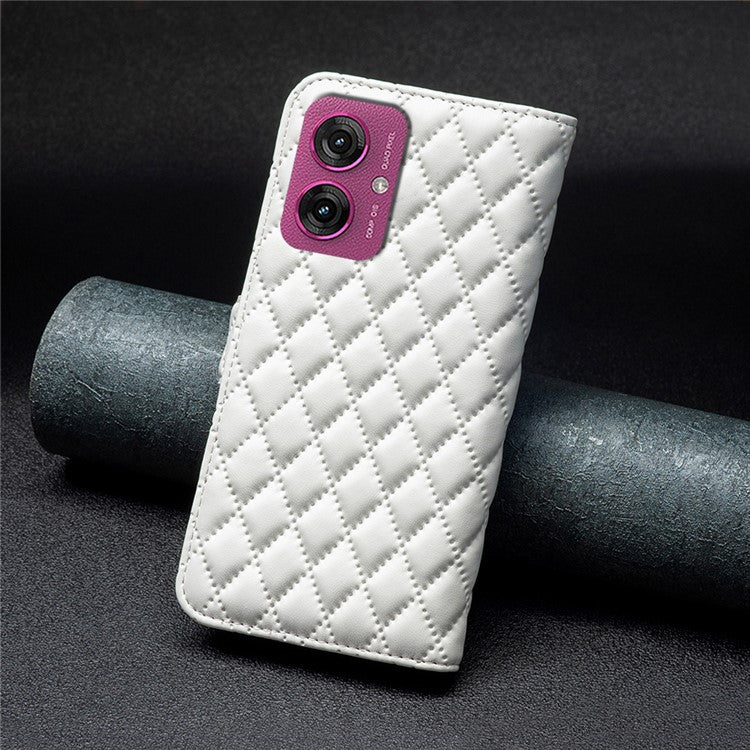 BINFEN COLOR BF Style-14 For Motorola Moto G55 5G Case Rhombus Phone Leather Cover Stand - White