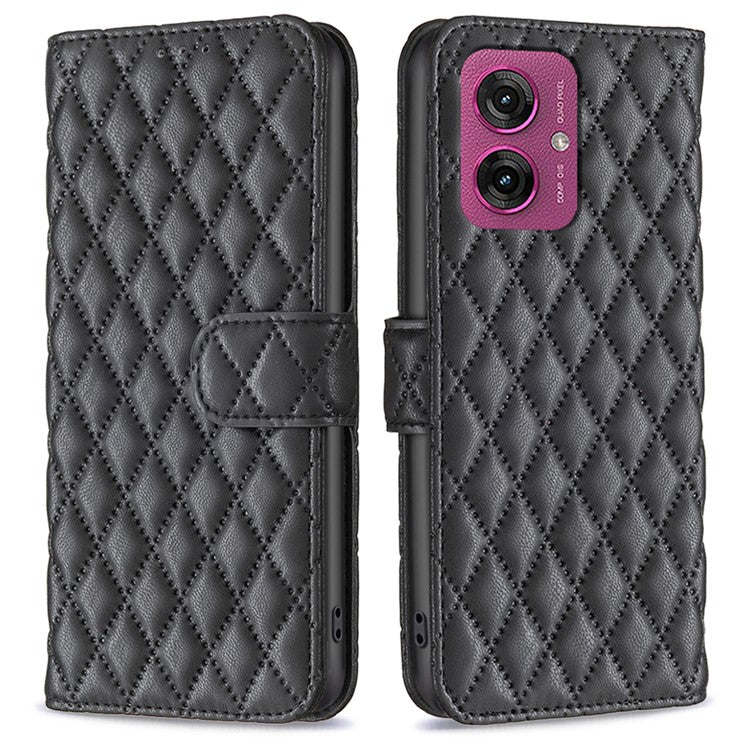 BINFEN COLOR BF Style-14 For Motorola Moto G55 5G Case Rhombus Phone Leather Cover Stand - Black