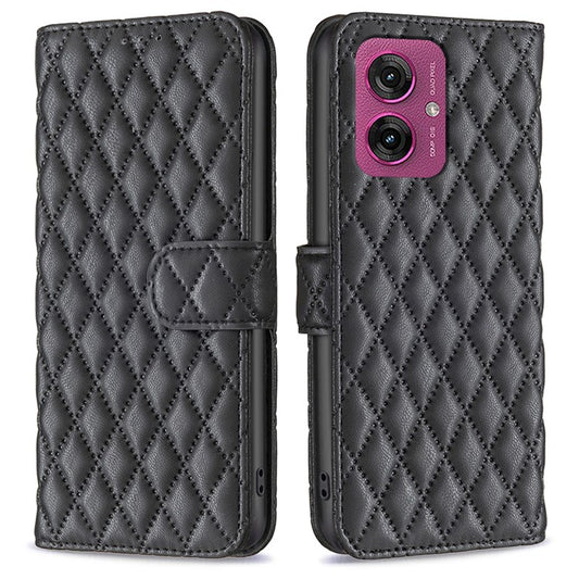BINFEN COLOR BF Style-14 For Motorola Moto G55 5G Case Rhombus Phone Leather Cover Stand - Black