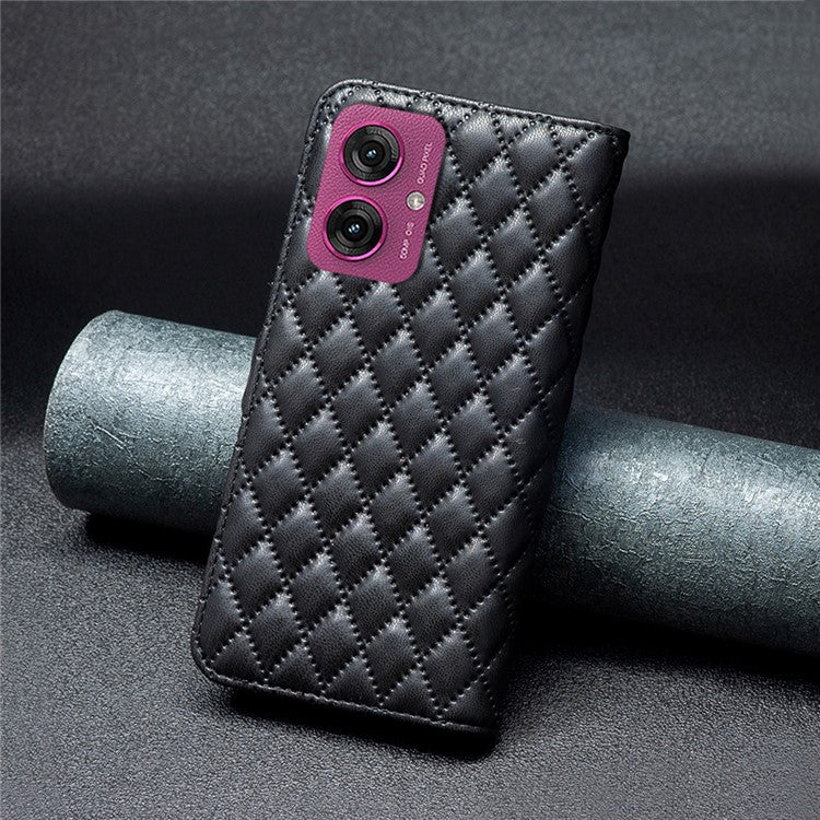 BINFEN COLOR BF Style-14 For Motorola Moto G55 5G Case Rhombus Phone Leather Cover Stand - Black