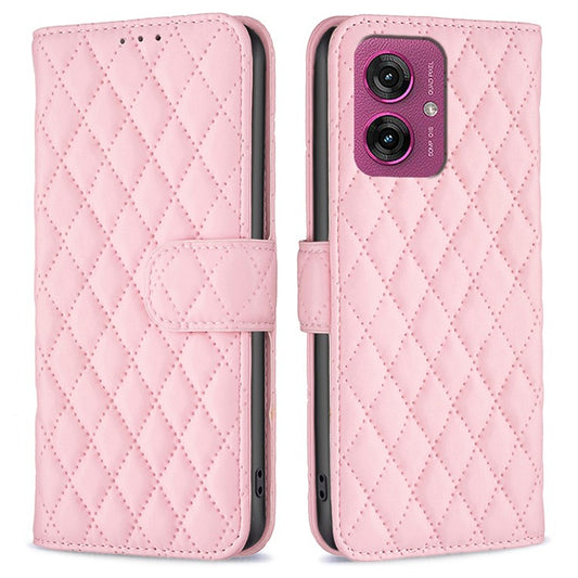BINFEN COLOR BF Style-14 For Motorola Moto G55 5G Case Rhombus Phone Leather Cover Stand - Pink