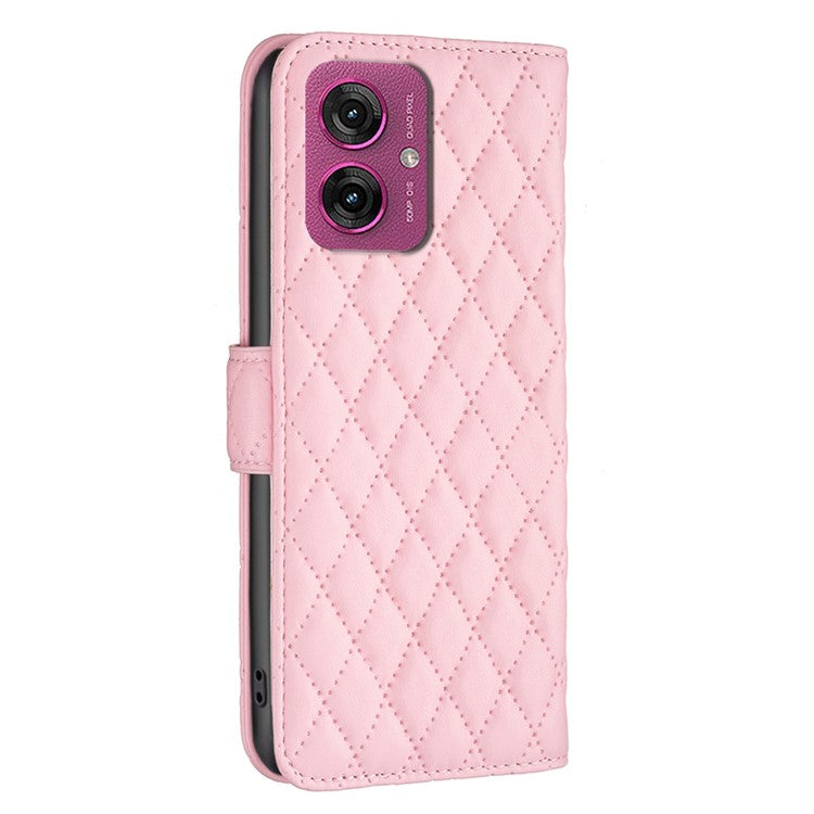 BINFEN COLOR BF Style-14 For Motorola Moto G55 5G Case Rhombus Phone Leather Cover Stand - Pink