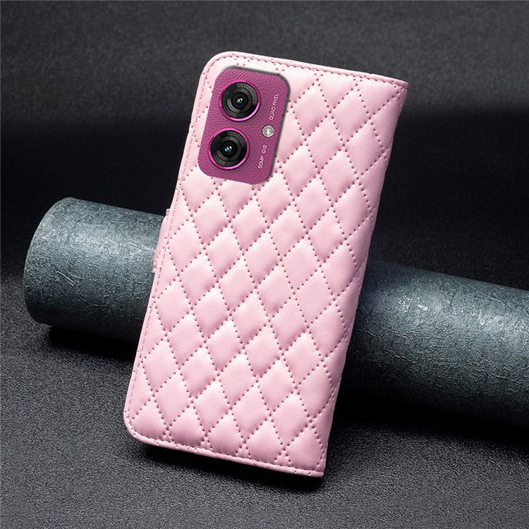 BINFEN COLOR BF Style-14 For Motorola Moto G55 5G Case Rhombus Phone Leather Cover Stand - Pink