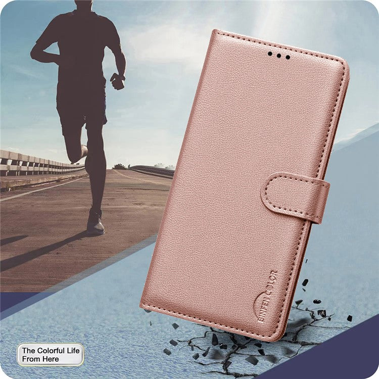 BINFEN COLOR BF32 For Motorola Moto G55 5G Leather Case Wallet RFID Blocking Phone Cover - Rose Gold