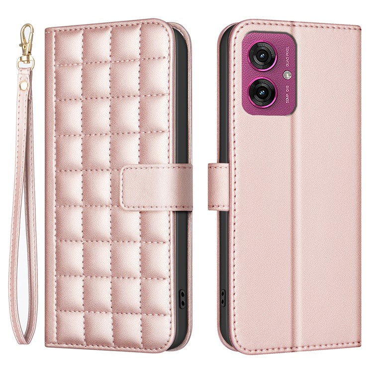 BINFEN COLOR BF34 for Motorola Moto G55 5G Leather Case Wallet Square Grid Phone Cover - Rose Gold