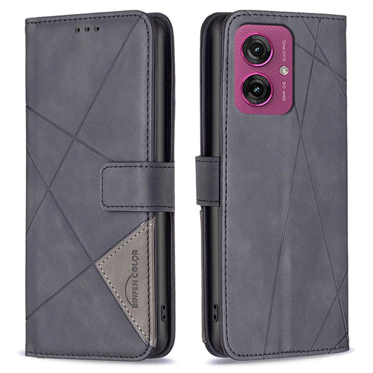 BINFEN COLOR For Motorola Moto G55 5G Phone Cases Wallet Stand Geometry Imprinted Leather Cover - Black