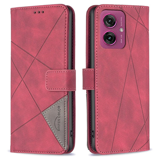 BINFEN COLOR For Motorola Moto G55 5G Phone Cases Wallet Stand Geometry Imprinted Leather Cover - Red