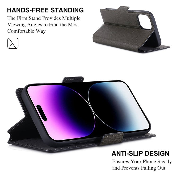 MUXMA MX115 for iPhone 14 Pro Max PU Leather Cross Texture Drop-proof Case Side Magnetic Clasp Phone Stand Wallet Cover - Grey