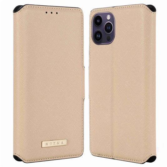MUXMA MX115 for iPhone 14 Pro Max PU Leather Cross Texture Drop-proof Case Side Magnetic Clasp Phone Stand Wallet Cover - Gold