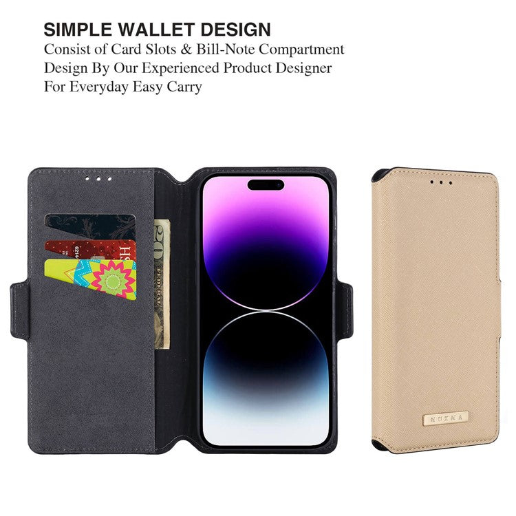 MUXMA MX115 for iPhone 14 Pro Max PU Leather Cross Texture Drop-proof Case Side Magnetic Clasp Phone Stand Wallet Cover - Gold