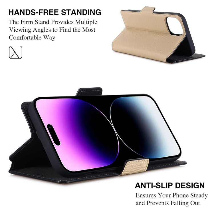 MUXMA MX115 for iPhone 14 Pro Max PU Leather Cross Texture Drop-proof Case Side Magnetic Clasp Phone Stand Wallet Cover - Gold