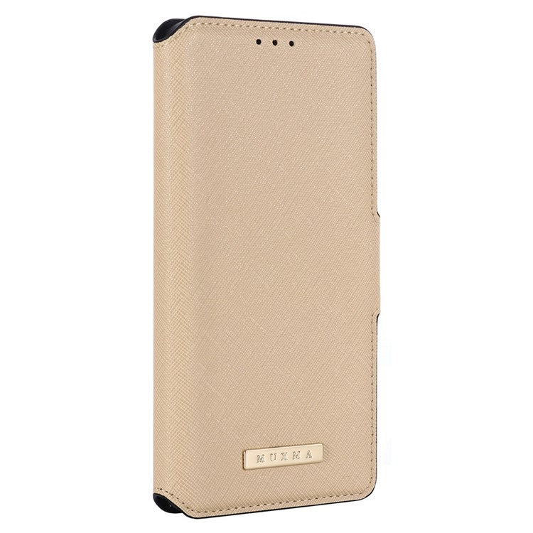 MUXMA MX115 for iPhone 14 Pro Max PU Leather Cross Texture Drop-proof Case Side Magnetic Clasp Phone Stand Wallet Cover - Gold