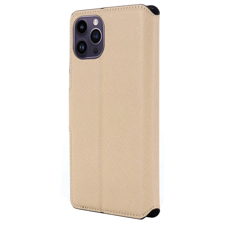MUXMA MX115 for iPhone 14 Pro Max PU Leather Cross Texture Drop-proof Case Side Magnetic Clasp Phone Stand Wallet Cover - Gold