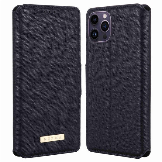 MUXMA MX115 PU Leather Case for iPhone 14 Pro, Cross Texture Side Magnetic Clasp Stand Wallet Folio Flip Phone Shockproof Cover - Black