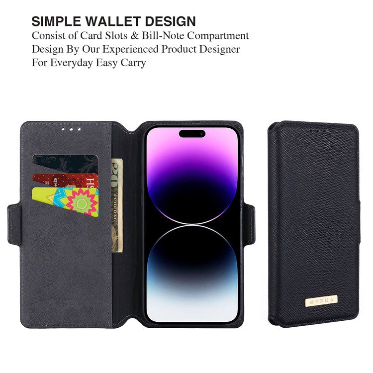 MUXMA MX115 PU Leather Case for iPhone 14 Pro, Cross Texture Side Magnetic Clasp Stand Wallet Folio Flip Phone Shockproof Cover - Black