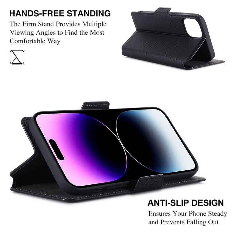 MUXMA MX115 PU Leather Case for iPhone 14 Pro, Cross Texture Side Magnetic Clasp Stand Wallet Folio Flip Phone Shockproof Cover - Black