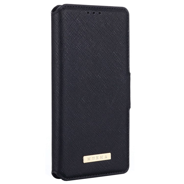 MUXMA MX115 PU Leather Case for iPhone 14 Pro, Cross Texture Side Magnetic Clasp Stand Wallet Folio Flip Phone Shockproof Cover - Black