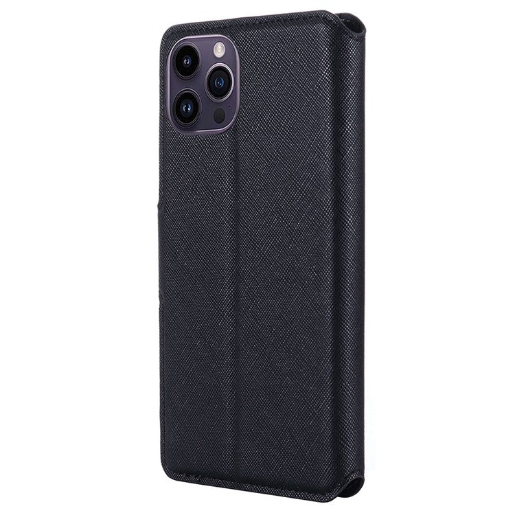 MUXMA MX115 PU Leather Case for iPhone 14 Pro, Cross Texture Side Magnetic Clasp Stand Wallet Folio Flip Phone Shockproof Cover - Black