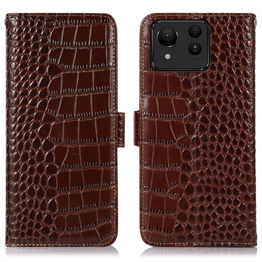 For Asus Zenfone 11 Ultra 5G Case Crocodile Texture Genuine Cow Leather Phone Wallet Cover - Brown
