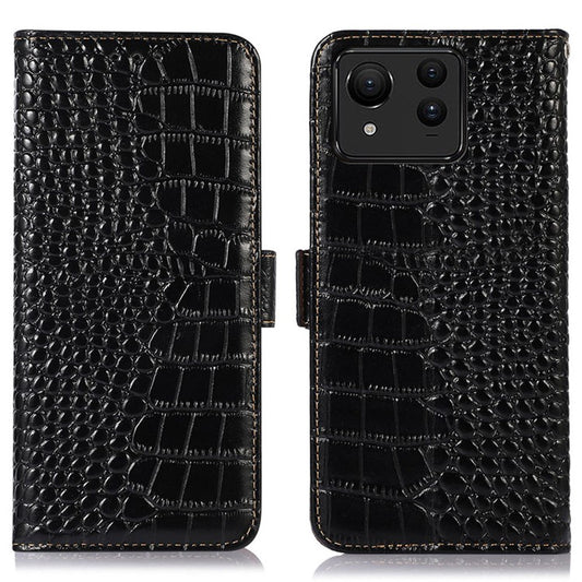 For Asus Zenfone 11 Ultra 5G Case Crocodile Texture Genuine Cow Leather Phone Wallet Cover - Black