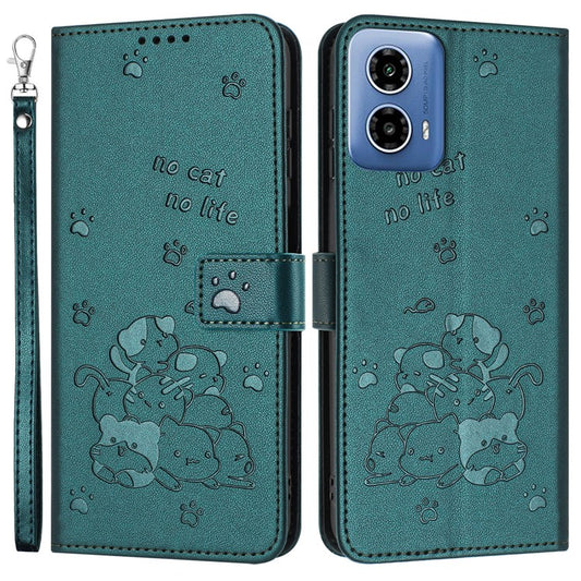 For Motorola Moto G35 5G Case with Strap Cats Imprint Leather Wallet Phone Cover - Blackish Green