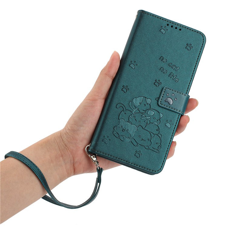 For Motorola Moto G35 5G Case with Strap Cats Imprint Leather Wallet Phone Cover - Blackish Green