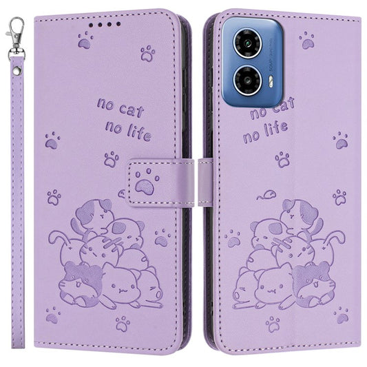 For Motorola Moto G35 5G Case with Strap Cats Imprint Leather Wallet Phone Cover - Purple