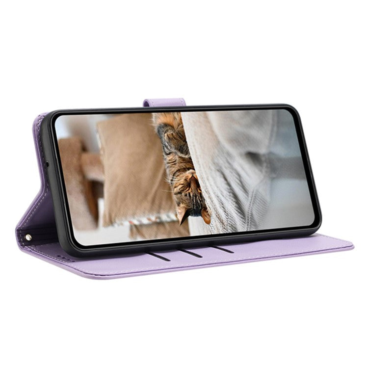 For Motorola Moto G35 5G Case with Strap Cats Imprint Leather Wallet Phone Cover - Purple