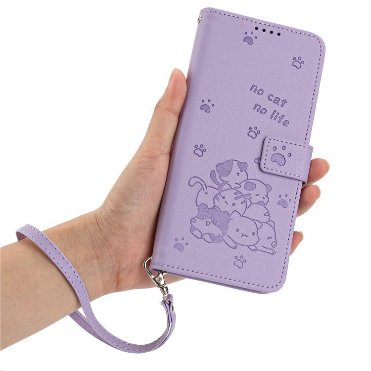 For Motorola Moto G35 5G Case with Strap Cats Imprint Leather Wallet Phone Cover - Purple