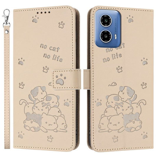 For Motorola Moto G35 5G Case with Strap Cats Imprint Leather Wallet Phone Cover - Beige