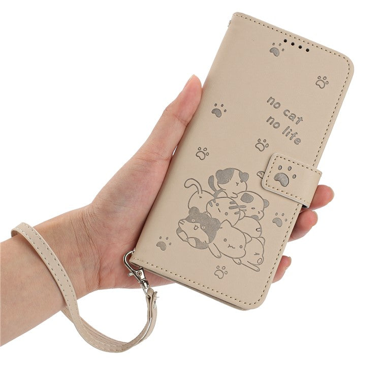 For Motorola Moto G35 5G Case with Strap Cats Imprint Leather Wallet Phone Cover - Beige