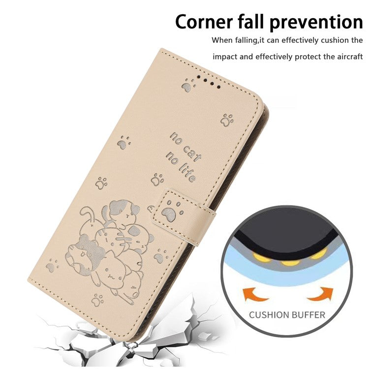 For Motorola Moto G35 5G Case with Strap Cats Imprint Leather Wallet Phone Cover - Beige