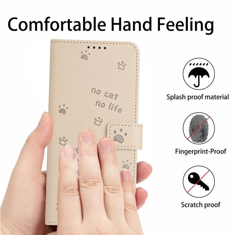For Motorola Moto G35 5G Case with Strap Cats Imprint Leather Wallet Phone Cover - Beige
