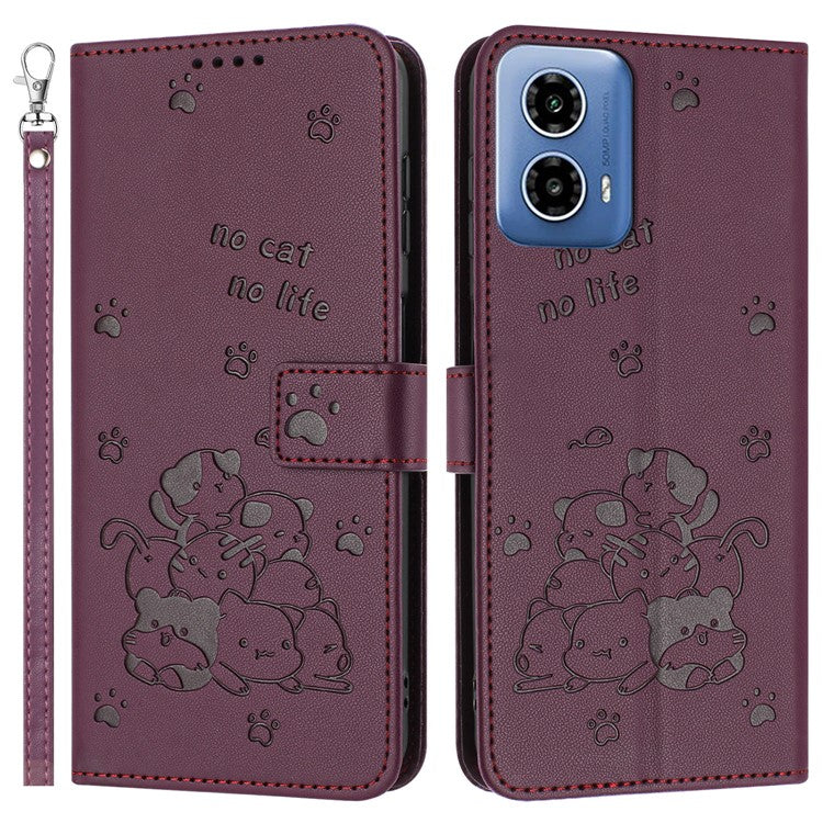 For Motorola Moto G35 5G Case with Strap Cats Imprint Leather Wallet Phone Cover - Wine Red