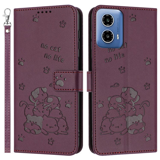 For Motorola Moto G35 5G Case with Strap Cats Imprint Leather Wallet Phone Cover - Wine Red