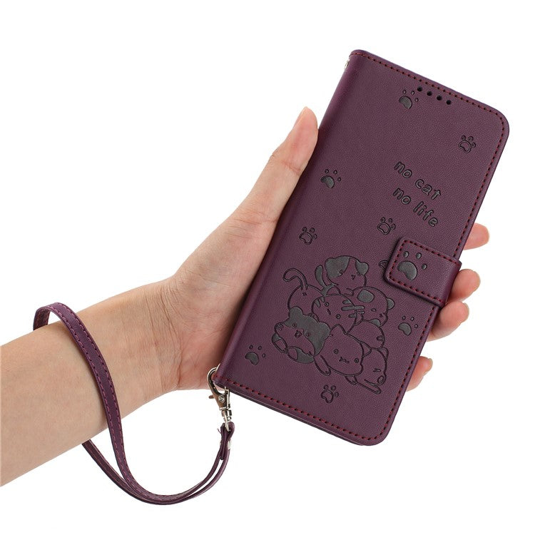 For Motorola Moto G35 5G Case with Strap Cats Imprint Leather Wallet Phone Cover - Wine Red