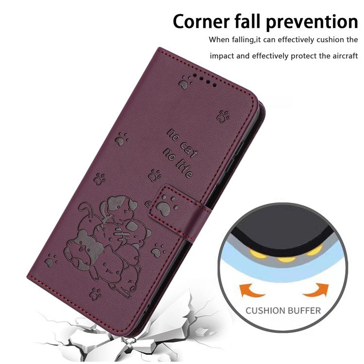For Motorola Moto G35 5G Case with Strap Cats Imprint Leather Wallet Phone Cover - Wine Red