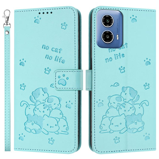 For Motorola Moto G35 5G Case with Strap Cats Imprint Leather Wallet Phone Cover - Green
