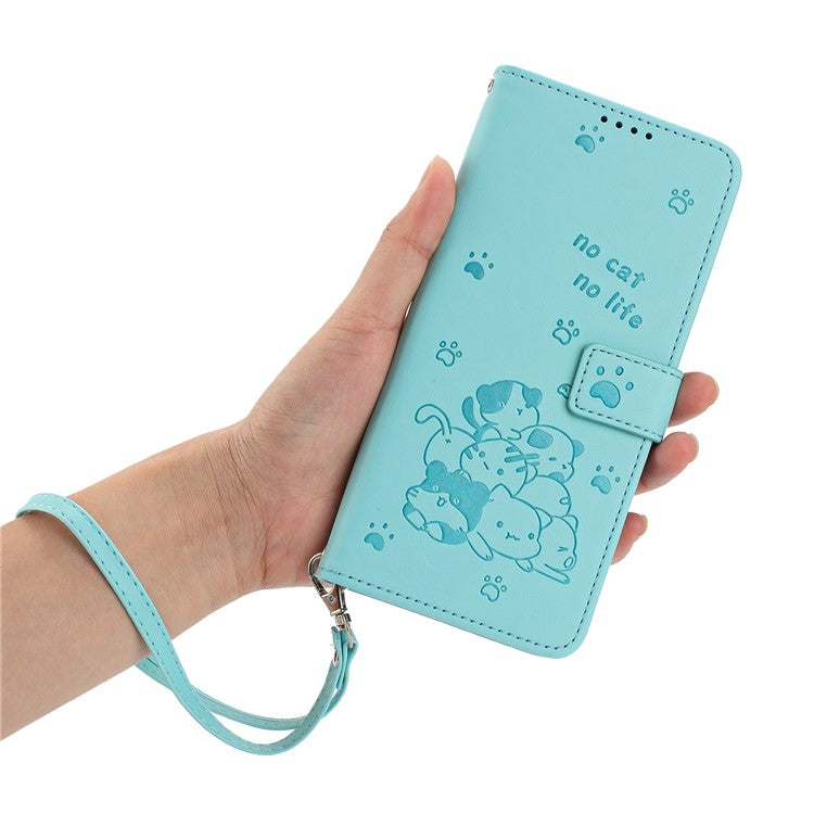 For Motorola Moto G35 5G Case with Strap Cats Imprint Leather Wallet Phone Cover - Green