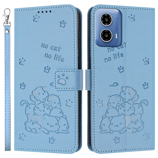 For Motorola Moto G35 5G Case with Strap Cats Imprint Leather Wallet Phone Cover - Blue