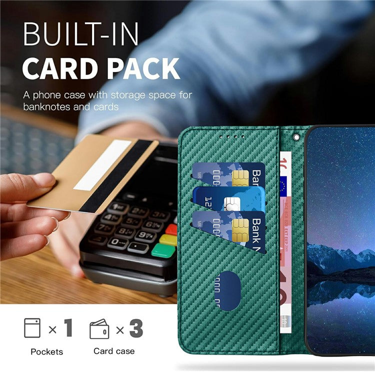 YX0070 For Motorola Moto G55 5G Wallet Case Carbon Fiber Texture Leather Cell Accessories Phone Cover - Blackish Green