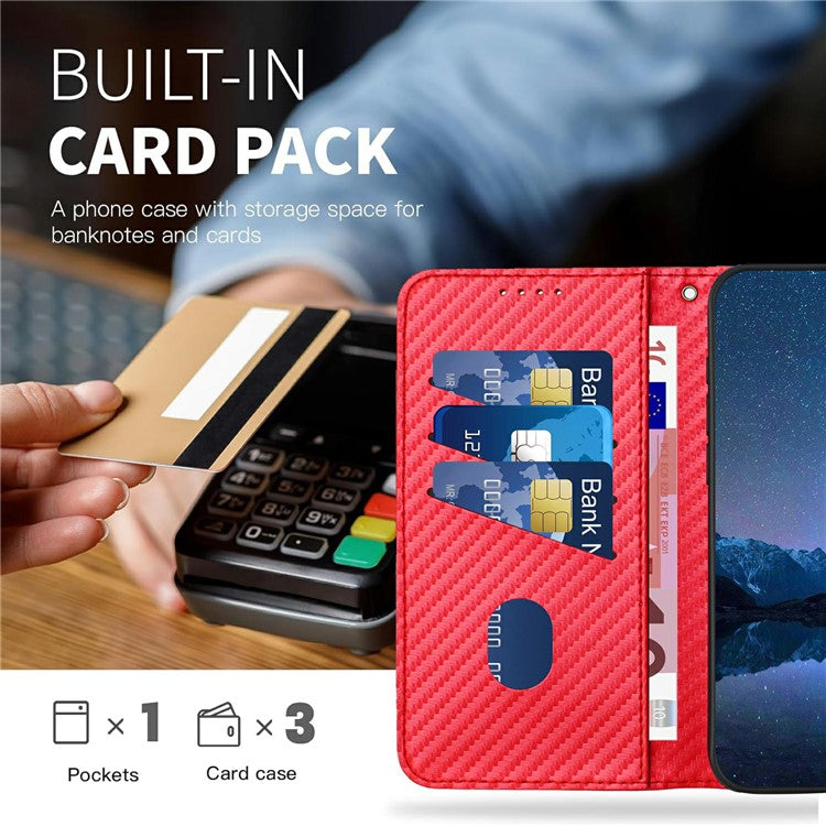YX0070 For Motorola Moto G55 5G Wallet Case Carbon Fiber Texture Leather Cell Accessories Phone Cover - Red