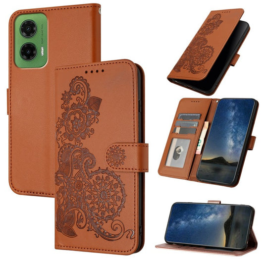 YX0050 For Motorola Moto G35 5G Case Mandala Flower Leather Wallet Phone Cover - Coffee
