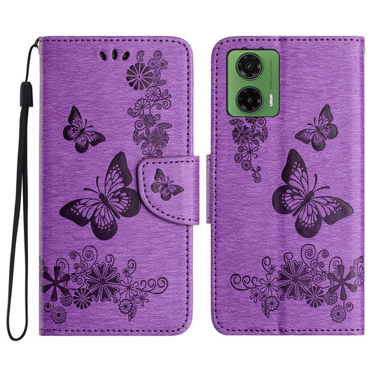 For Motorola Moto G35 5G Case Butterflies Flower Leather Wallet Flip Phone Cover - Purple