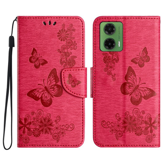 For Motorola Moto G35 5G Case Butterflies Flower Leather Wallet Flip Phone Cover - Red
