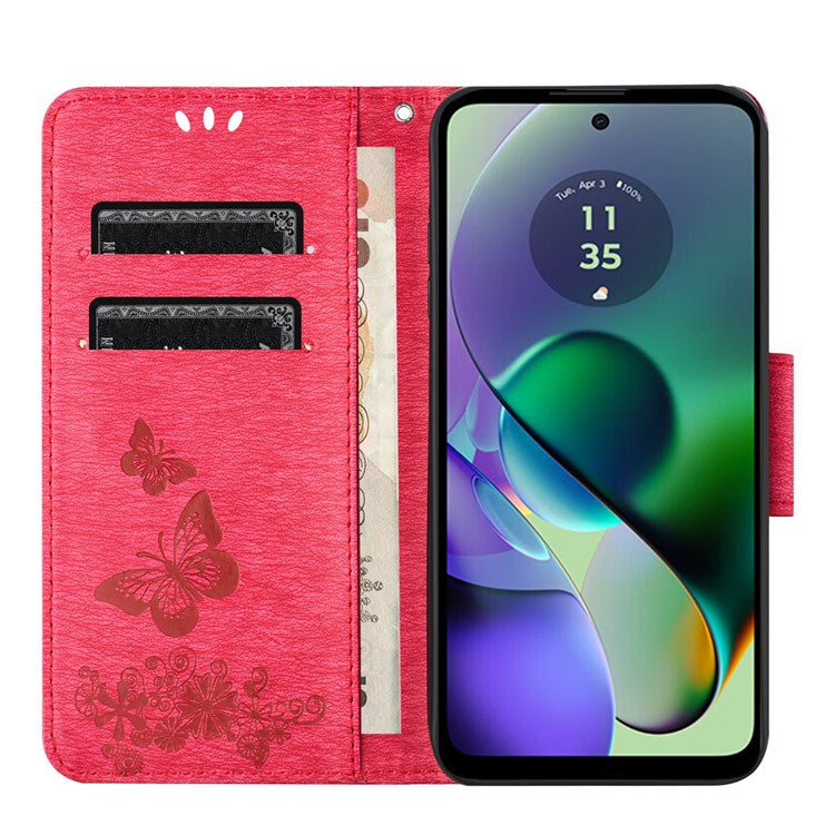 For Motorola Moto G35 5G Case Butterflies Flower Leather Wallet Flip Phone Cover - Red