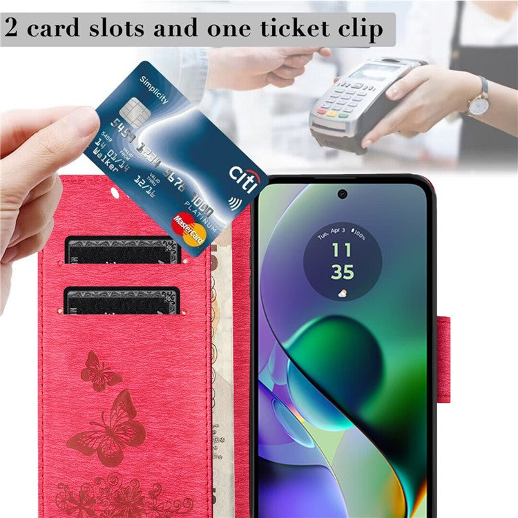 For Motorola Moto G35 5G Case Butterflies Flower Leather Wallet Flip Phone Cover - Red